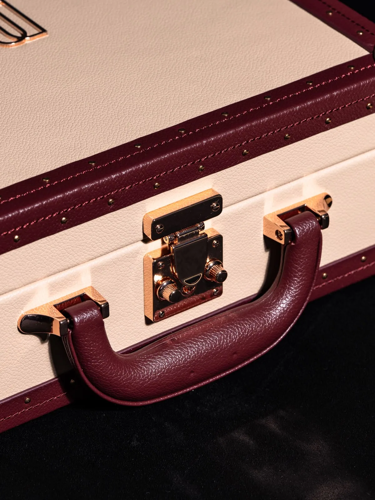 Close on the burgundy leather handle and the brass locks beneath it.
