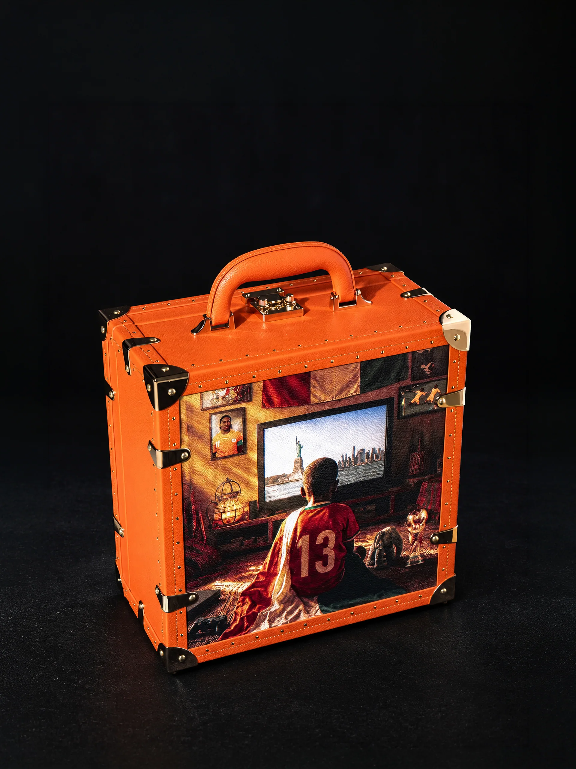 The painted trunk turned three-quarters, the scene running across its panels.