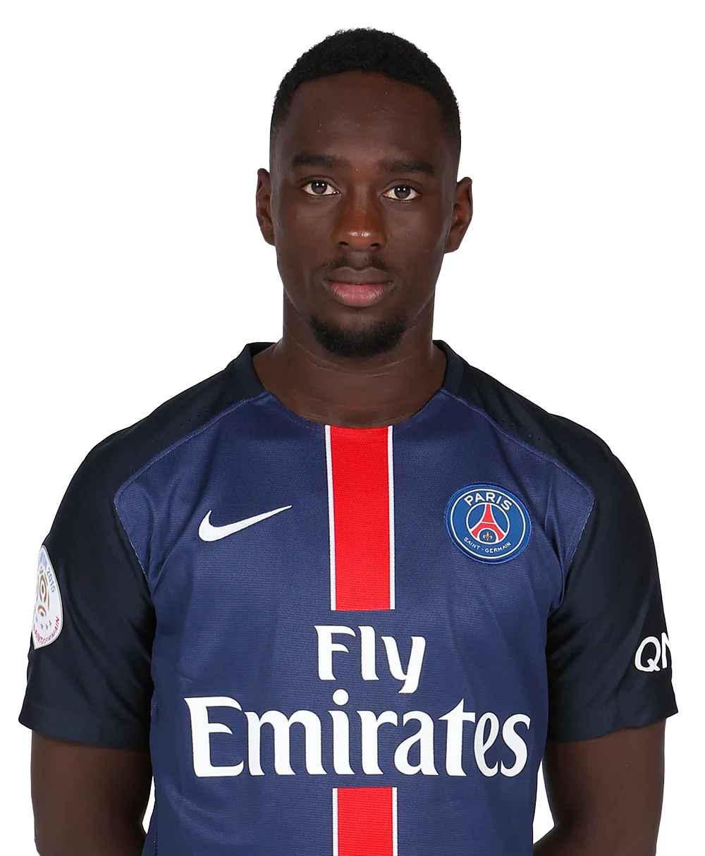 Jean-Kévin Augustin in a navy Paris Saint-Germain shirt, looking into the camera.