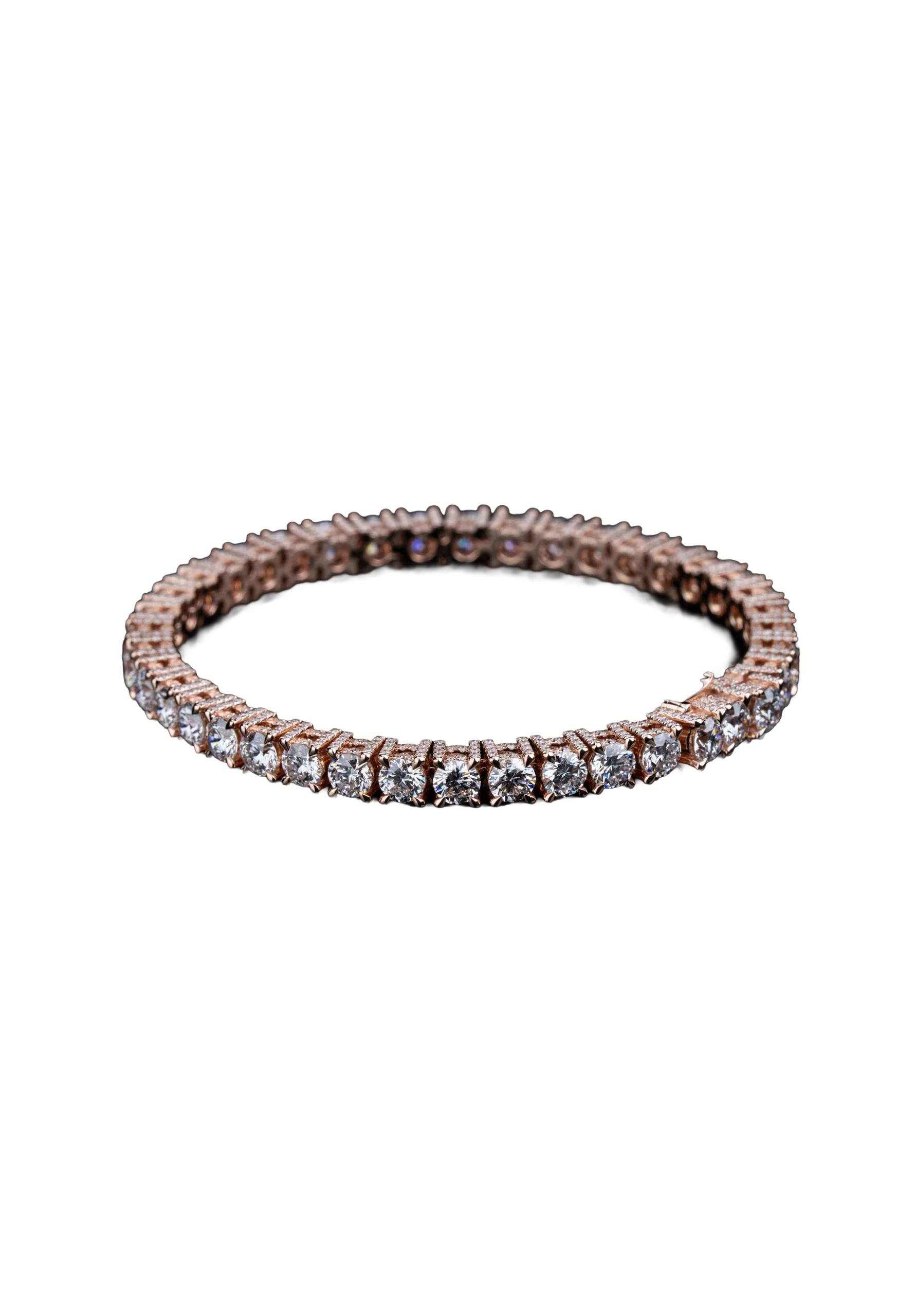 An 18-karat rose gold tennis bracelet set with round natural diamonds, floating against near-black.