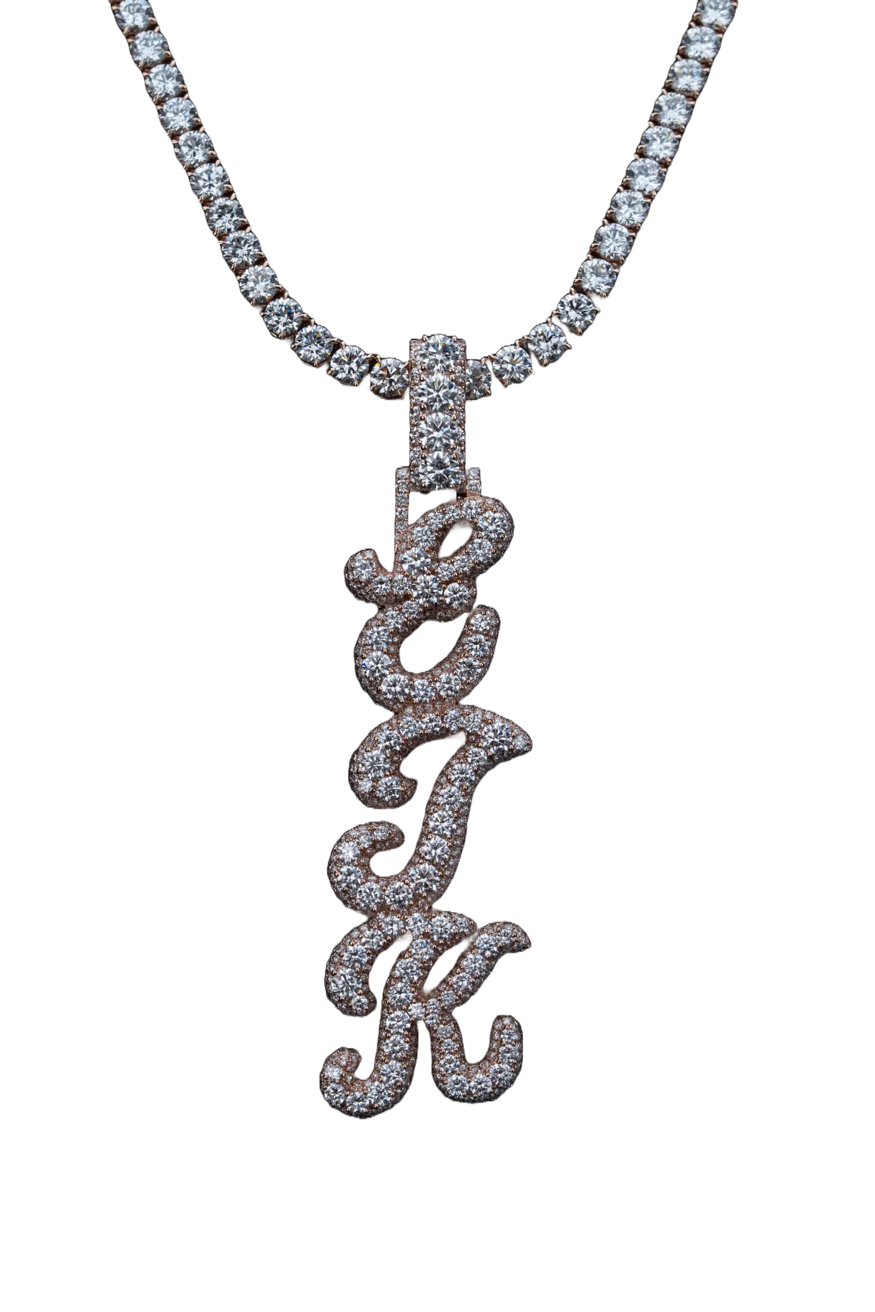 A vertical 'EJK' pendant in rose gold set with diamonds, suspended on a diamond tennis chain.