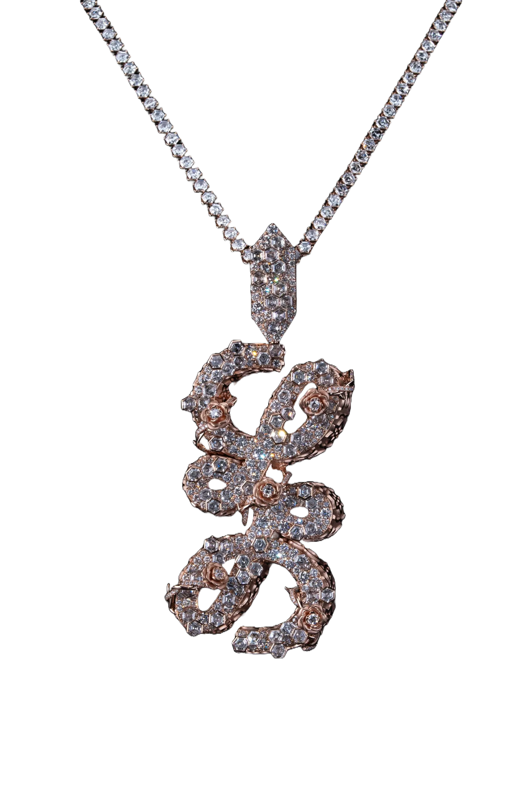 An interlaced 'LL' pendant in rose gold, paved with diamonds and set with rose motifs, on a fine tennis chain.