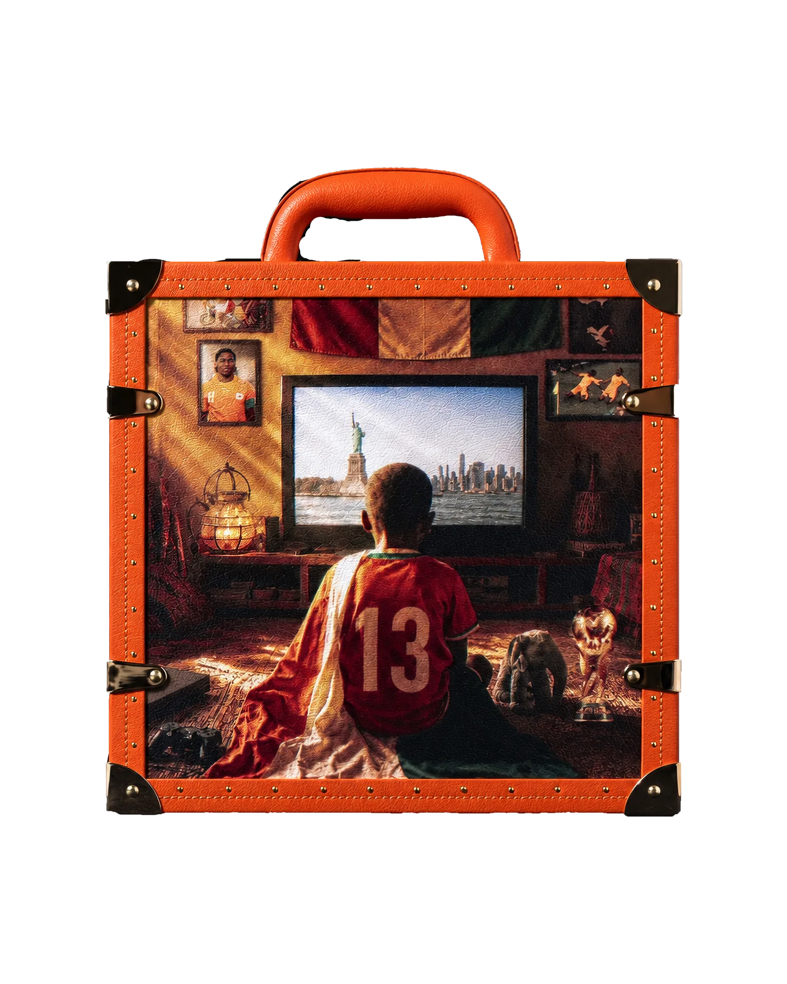 An orange leather trunk cut out against near-black, its panels printed with a painted scene.