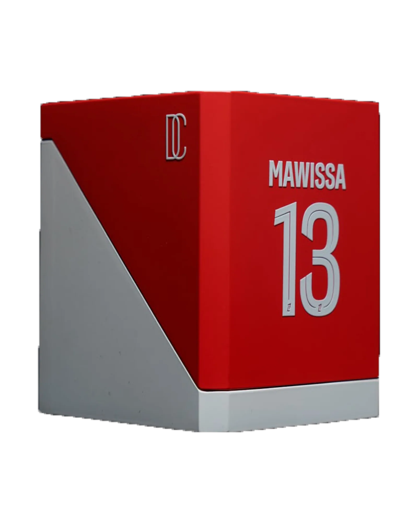 A red and white écrin cut out against near-black, its red front printed with a name and the number 13.