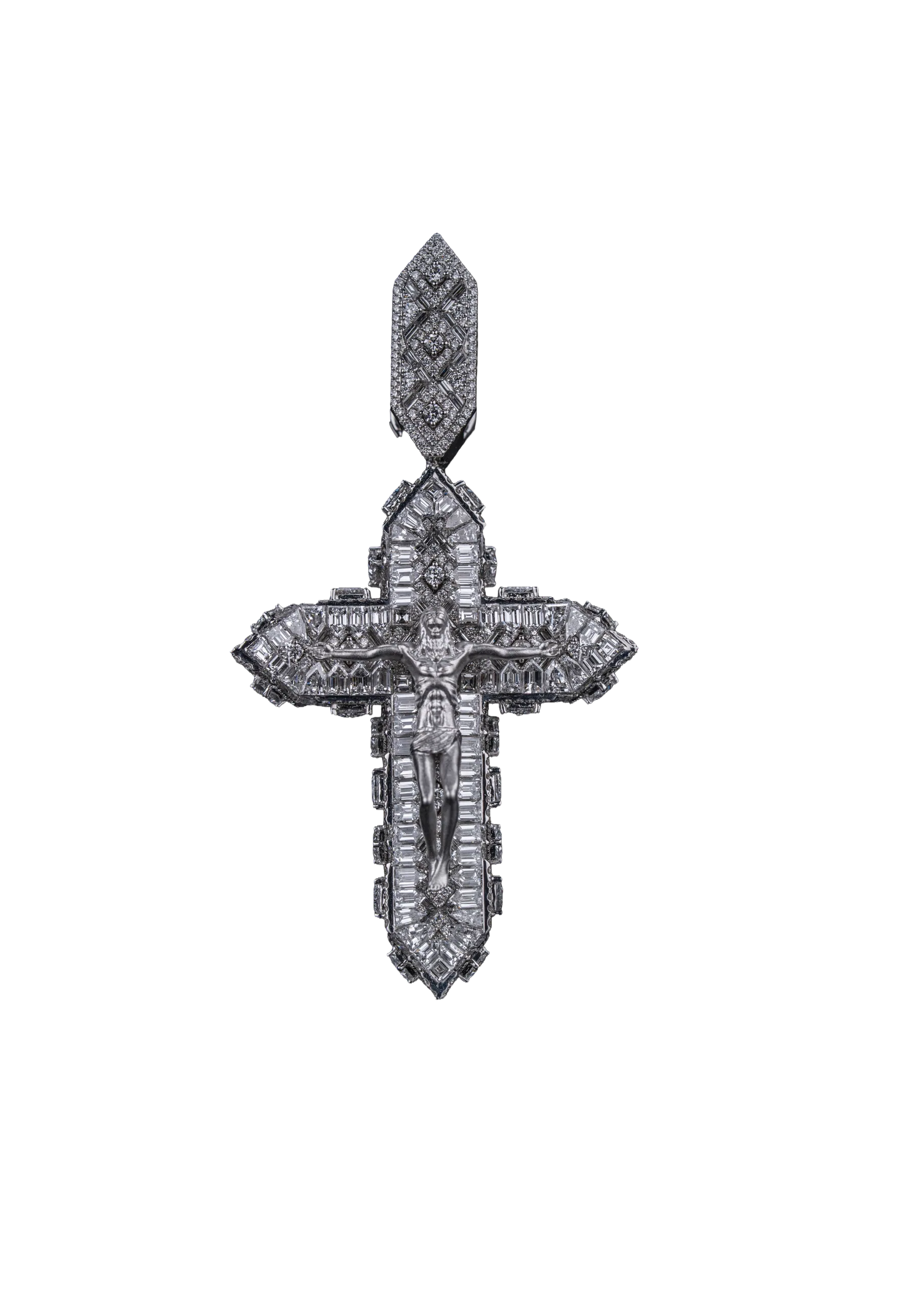A Jesus-on-the-cross pendant in gold, set with baguette and round natural diamonds.