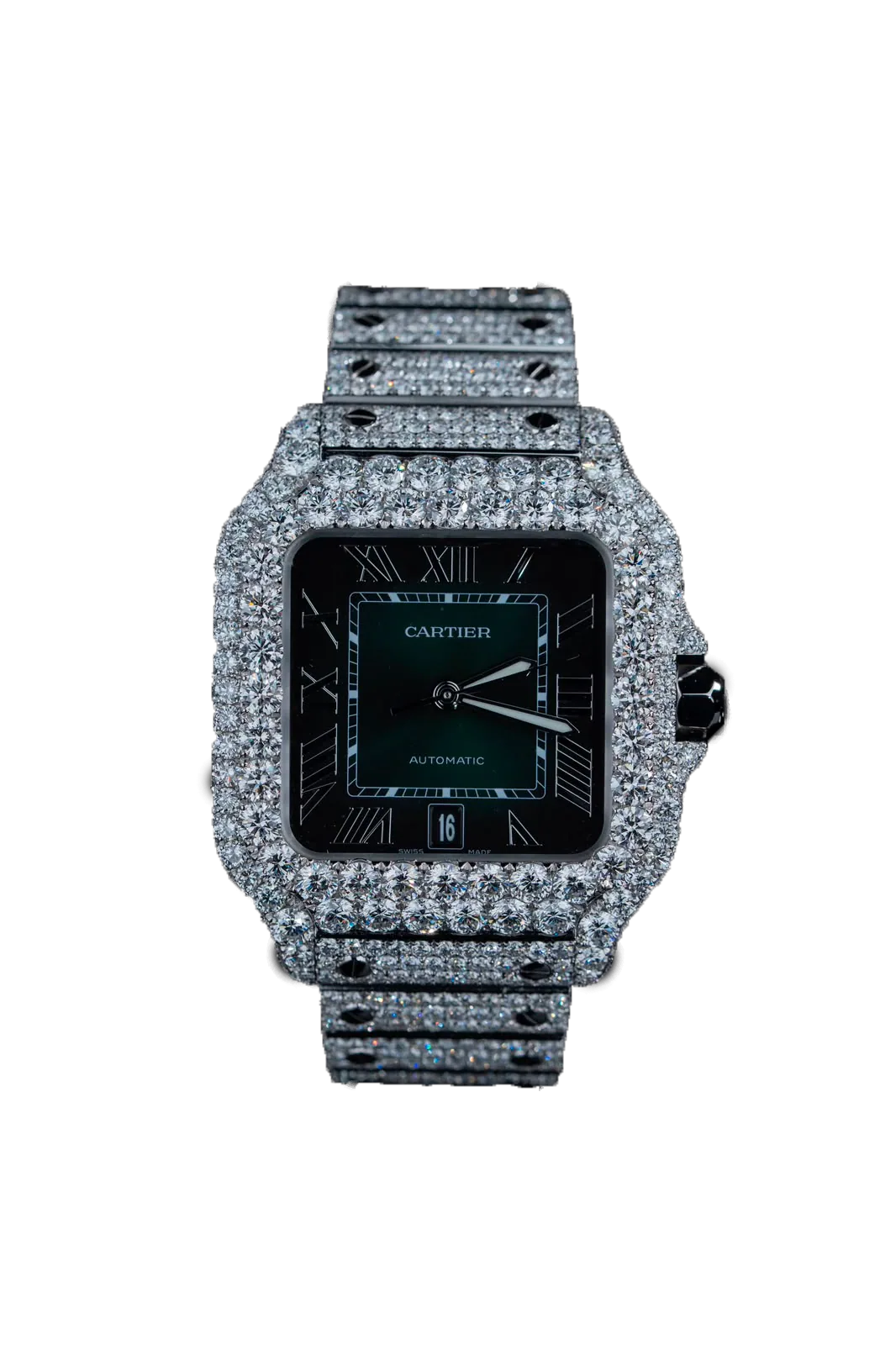 A Cartier Santos cut out against near-black, its green dial framed by a case and bracelet entirely set with diamonds.